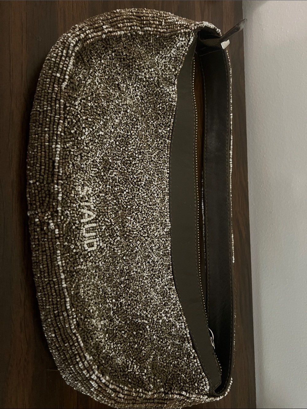 STAUD Metallic Beaded Clutch in Brown and Silver